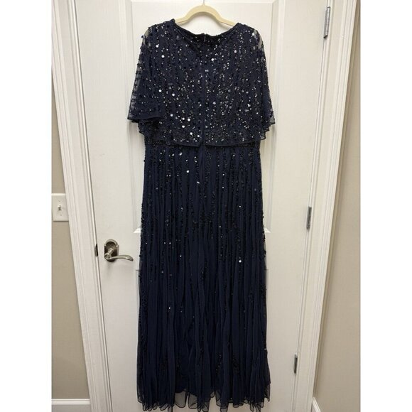 Mac Duggal size 18 Navy 93784 Sequined Beaded V-NECK Formal Cocktail Dress GOWN - Picture 7 of 14